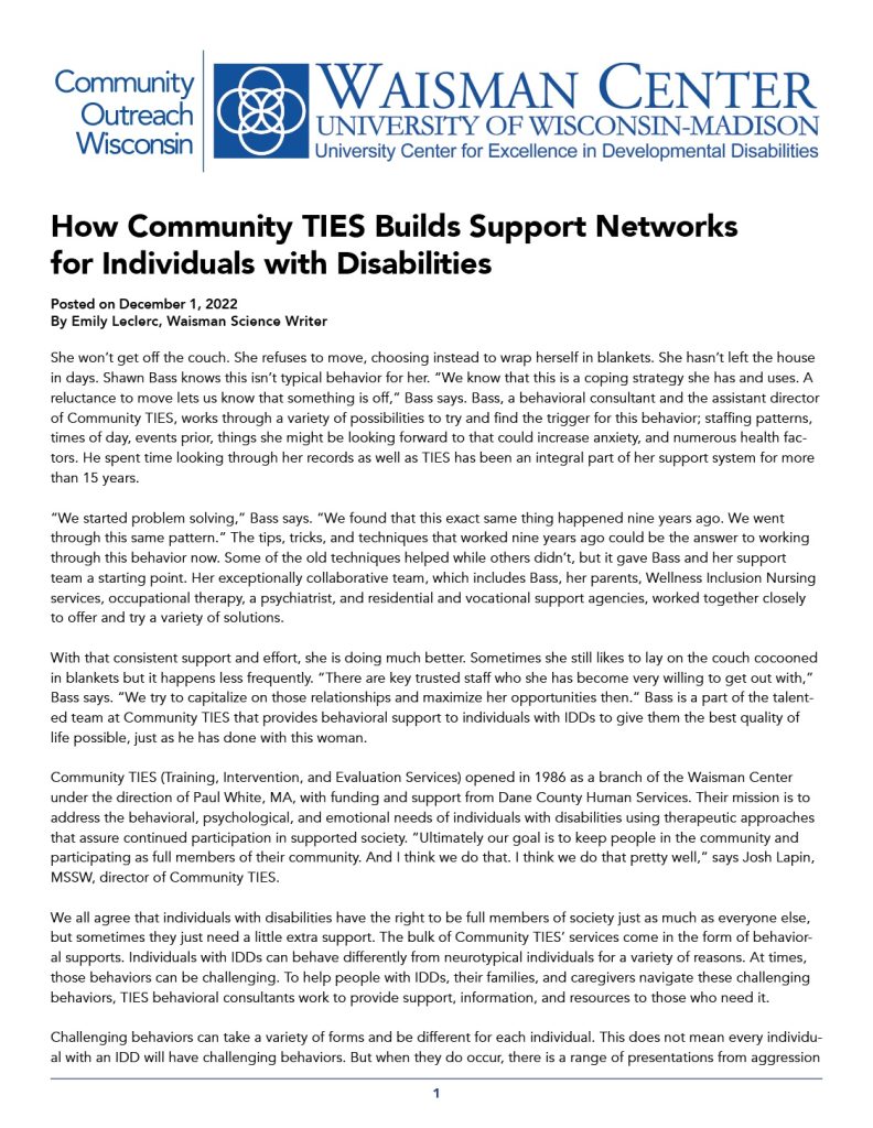 Article about the services that Community TIES provides. Title: How Community TIES builds support networks for individuals with disabilities.