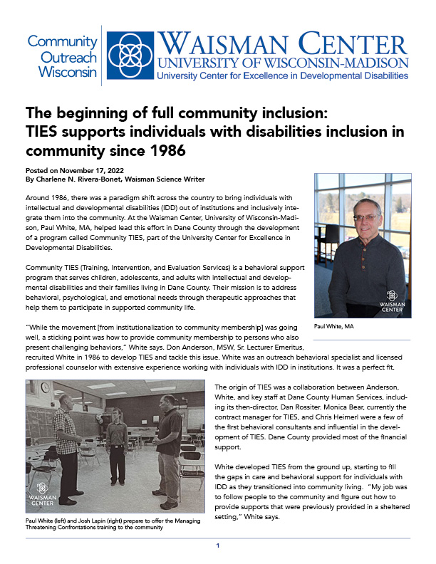 Article about the beginning of and history of Community TIES. Title: The beginning of full community inclusion: TIES supports individuals with disabilities inclusion in community since 1986.